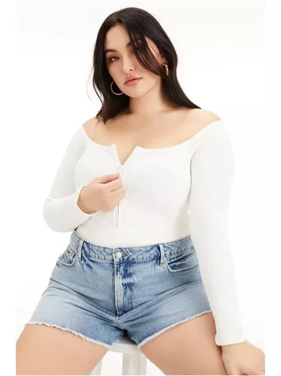 Good American Off Shoulder Half Zip Ribbed Bodysuit Cream Snap Close NWT 3XL (6) - Picture 3 of 16